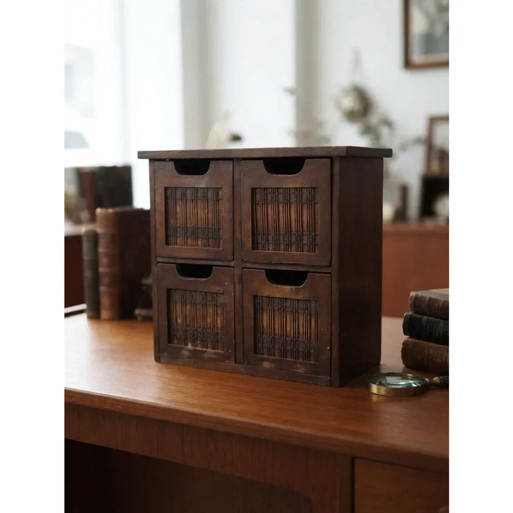 Vintage Wooden Desktop Organizer 4-Drawer Cabinet with Woven Bamboo & Rattan Pa